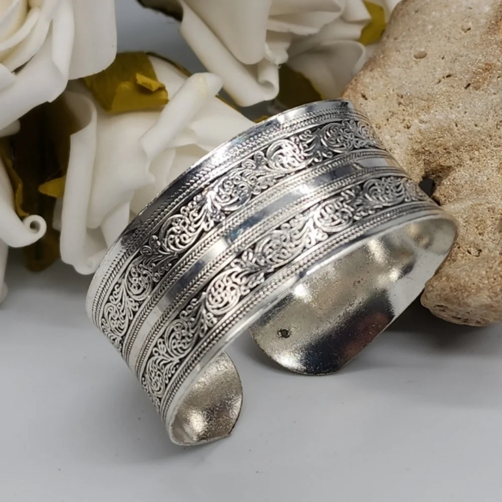 Boho Silver Bracelet Wide Band Flexible Adjustable
